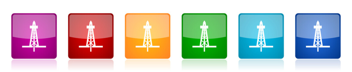 Poster - Drilling icon set, colorful square glossy vector illustrations in 6 options for web design and mobile applications