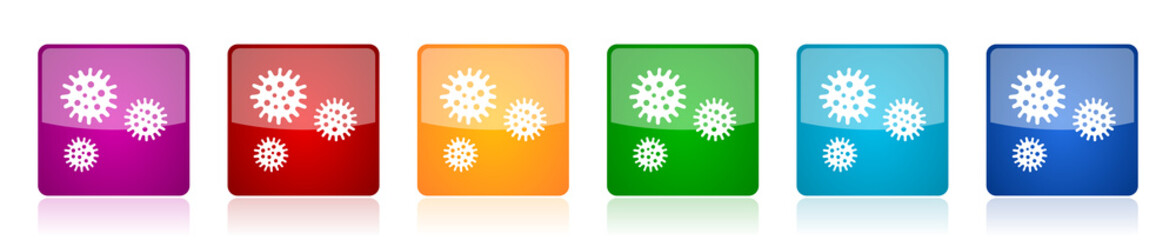 Virus icon set, bacteria, pathogen, infection colorful square glossy vector illustrations in 6 options for web design and mobile applications