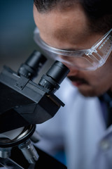 Wall Mural - young scientist looking through a microscope in a laboratory. young scientist doing some research.