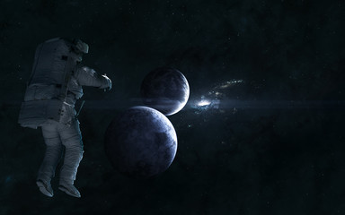 Cosmic landscape. Astronaut, planets on background of blue galaxy in deep space. Nebulae, star clusters. Science fiction. Elements of this image furnished by NASA