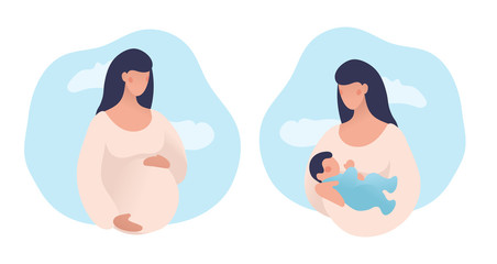 set of illustrations about pregnancy and motherhood. pregnant woman with tummy on a background of sk