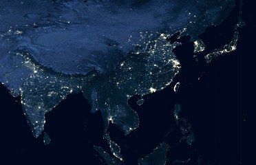 earth at night, world map on satellite photo. city lights showing human activity in india, china, so