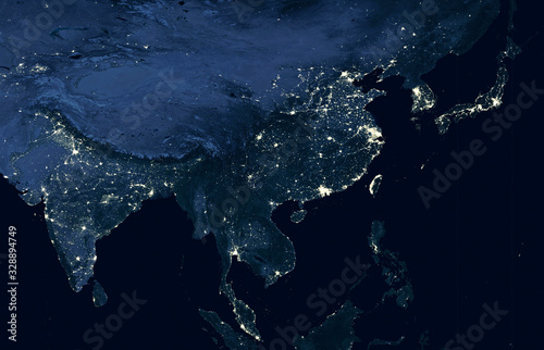 Earth at night, view of city lights showing human activity in India, China, South Korea and Japan from space Wallpaper Mural