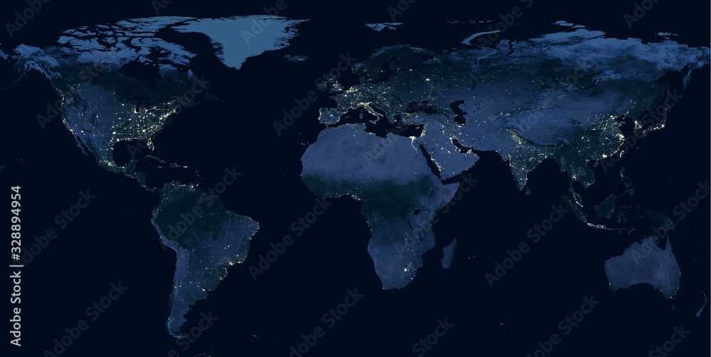 Earth at night, world map with city lights showing human activity in North America, Europe and East Asia from space. Elements of this image furnished by NASA. - obrazy, fototapety, plakaty 