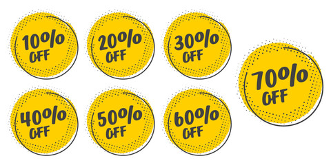 Poster - Set of grunge sticker with 10, 20, 30, 40, 50, 60, 70 percent off in a flat design with halftone. For sale, promotion, advertising