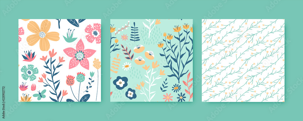 Flower spring hand drawn seamless pattern set - obrazy, fototapety, plakaty 