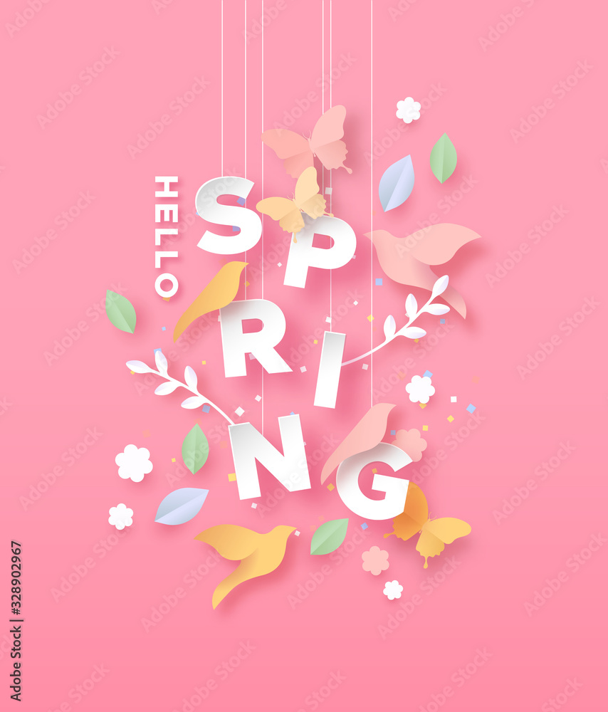 Hello spring paper cut card of nature season icons - obrazy, fototapety, plakaty 