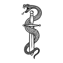 Vintage Design With Snake On Dagger. For Poster, Banner, Emblem, Sign, Logo. Vector Illustration