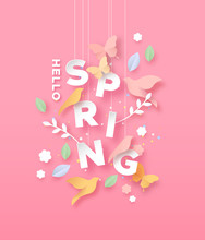 Hello Spring Paper Cut Card Of Nature Season Icons