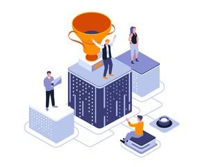 Poster - Winner podium isometric landing page vector template. Sport contest website homepage interface illustration layout. Business leadership coaching courses web banner isometry concept