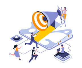 Poster - Run to goal isometric landing page vector template. Staff management, workers motivation website homepage interface layout. Success achievement seminar web banner isometry concept