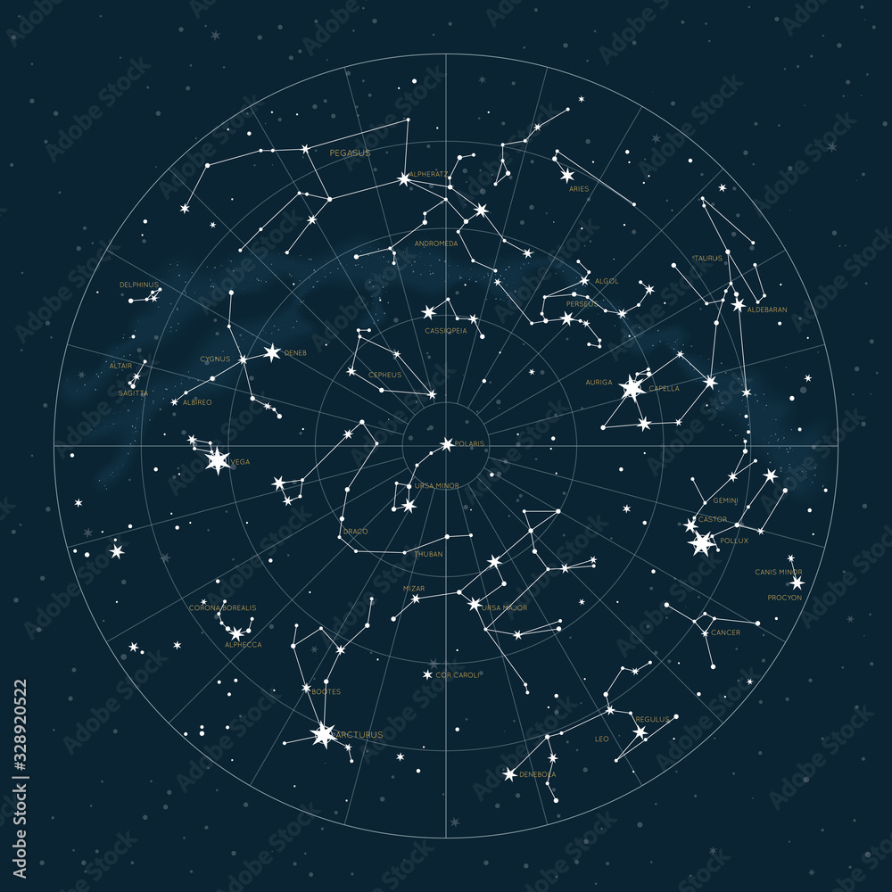 Northern hemisphere. High detailed star map of vector constellations. Astrological celestial map with symbols and signs of zodiac - obrazy, fototapety, plakaty 
