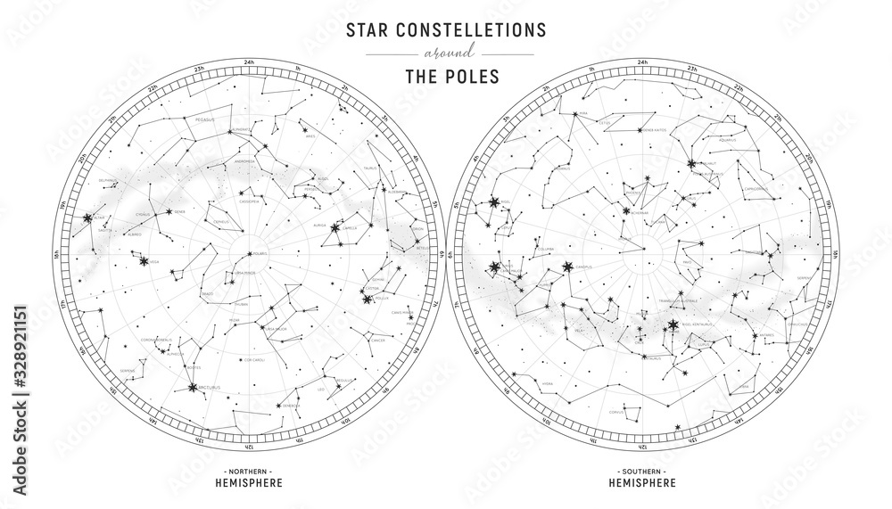 Star constellations around the poles. Nothern and Southern high detailed star map with symbols and signs of zodiac. Black astrological celestial map - obrazy, fototapety, plakaty 