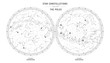 Star constellations around the poles. Nothern and Southern high detailed star map with symbols and signs of zodiac. Black astrological celestial map
