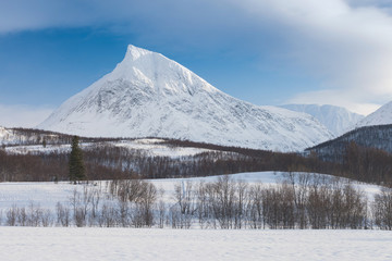 Panorama of snowy fjords and mountain range, Senja, Norway Amazing Norway nature seascape popular tourist attraction. Best famous travel locations. beautiful sunset within the amazing winter landscape