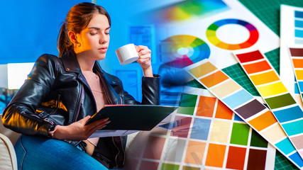 Poster - girl designer drinks coffee. web designer in the workplace. concept - a girl is defined with color. 