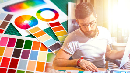 Poster - human looks in color palettes. color palette at the workplace of the designer. ux designer in the wo