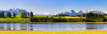 Panoramic Landscape With Meadow And Lake In Front Of Alps Mountains