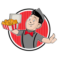 Wall Mural - cartoon logo of a happy man serving chicken nuggets