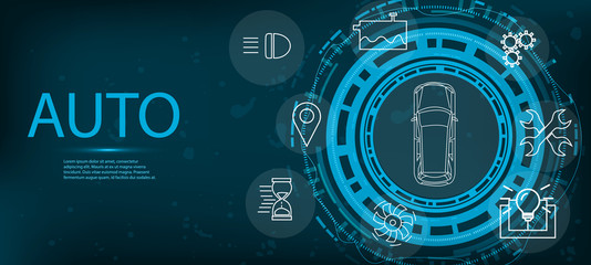 Car service, top view mechanisms. Futuristic HUD template for an electric car connected online in the HUD style. Vector illustration