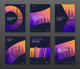 Wall Mural - Brochure cover design layout set for business and construction. Abstract geometry whith colored cityscape vector illustration on background. Good for annual report, industrial catalog design.