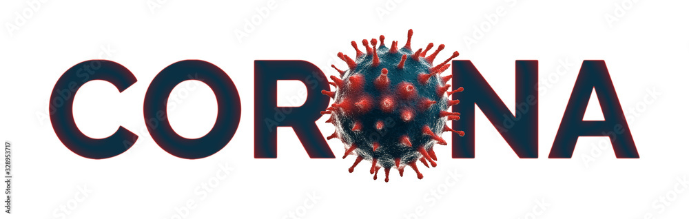 Corona text with microscopic view of Novel Coronavirus (2019-nCoV). Panoramic and isolated on white. - obrazy, fototapety, plakaty 