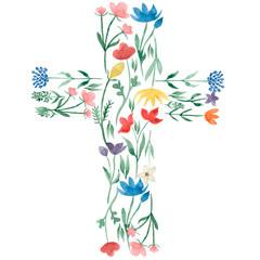 watercolor easter cross clipart. spring wildflower baptism cross illustration, festive composition. 