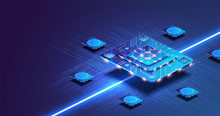 Futuristic Microchip Processor With Lights On The Blue Background. Quantum Computer, Large Data Processing, Database Concept. Artificial Intelligence And Robotics Quantum Computing Processor Concept.