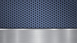 Background of blue perforated metallic surface with holes and horizontal silver polished plate with a metal texture, glares and shiny edges