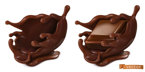 Wall Mural - Piece of chocolate and chocolate splash, 3d realistic food vector objects