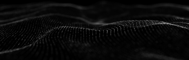 Poster - Wave 3d. Wave of particles. Futuristic point wave. Design for poster. Technology  background. Big data visualization. 3d rendering.