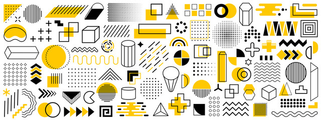 Poster - Set of geometric shapes. Memphis design retro elements. Collection trendy halftone geometric shapes. Retro funky graphic, 90s trends designs and vintage print element collection – stock vector