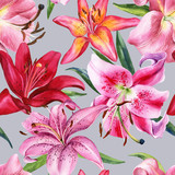 Fototapeta Storczyk - Watercolor seamless pattern with lily, red, pink, yellow, orange lilly flowers, botanical drawing. Stock illustration. Fabric wallpaper print texture.