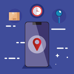 Poster - delivery logistic service with smartphone and icons vector illustration design