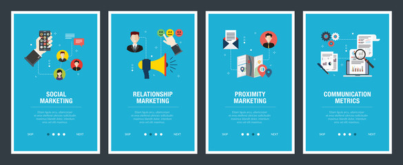  Internet banner set with marketing, communication, metrics and relationship icons.