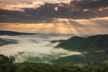 Phu Pha Nong, Landscape Sea Of Mist  In Border  Of  Thailand And Laos, Loei  Province Thailand.