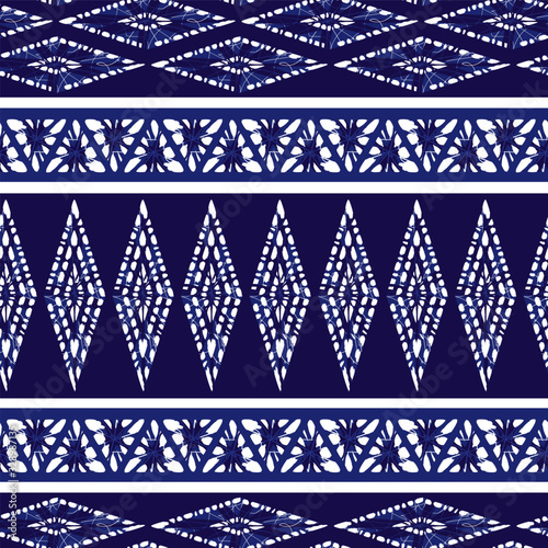 Fotografía Vector blue shibori diamond and triangle stripes abstract seamless pattern