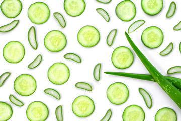  Closeup fresh organic aloe vera and cucumber slice pattern texture for background. top view. 