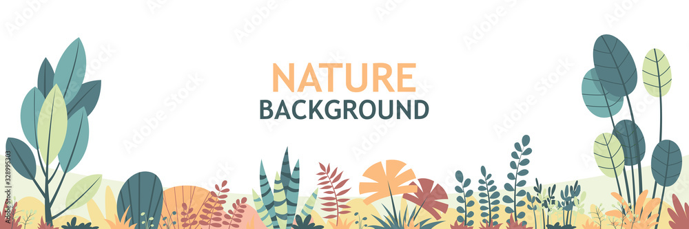 Flat nature background with copy space for text, for banner, greeting card, poster and advertising. Vector Illustrations with separate layers. - obrazy, fototapety, plakaty 