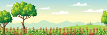 Seamless Summer Landscape With Trees, Fence And Flowers. Vector Illustrations With Separate Layers. Concept For Banner, Web Background And Templates.
