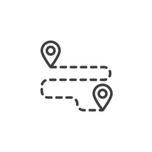Travel Route, Distance Line Icon. Linear Style Sign For Mobile Concept And Web Design. Two Map Pins Position Outline Vector Icon. Symbol, Logo Illustration. Vector Graphics