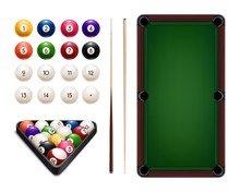 Billiard Sport Realistic Balls, Cues, Table, Rack