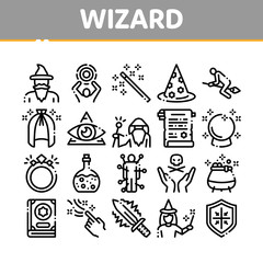 Wizard Magic Equipment Collection Icons Set Vector. Wizard Wand And Hat, Sphere And Knife, Book And Ring, All-seeing Eye And Doll Concept Linear Pictograms. Monochrome Contour Illustrations