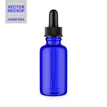 Blue Glass Dropper Bottle Mockup. Vector Illustration.