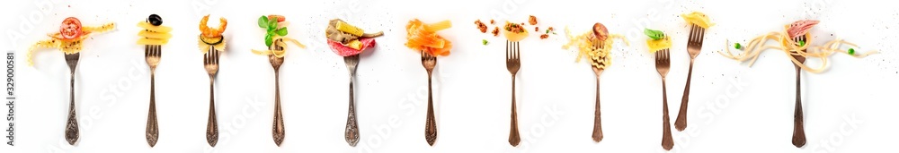Italian food collage. Pasta design elements. Many forks with pasta and various addings, shot from the top on a white background - obrazy, fototapety, plakaty 