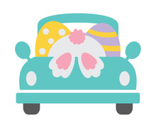 Cute Vintage Truck With Easter Bunny And Easter Eggs Vector Illustration.
