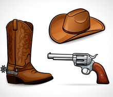 Cowboy Hat, Boots And Revolver