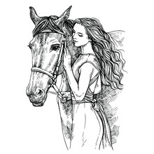 Sketch Woman And Horse. Young Woman Caressing A Horse. Beauty With Horse. Hand Drawn Ink Illustration