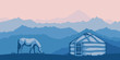 Fantasy on the theme of life in Central Asia. Nomads life, a horse grazes, yurt. Panoramic view, morning haze, vector illustration. 