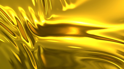 3D render beautiful folds of golden silk in full screen, like a beautiful clean fabric background like gold foil. Simple soft background with smooth folds like waves on a liquid surface.
